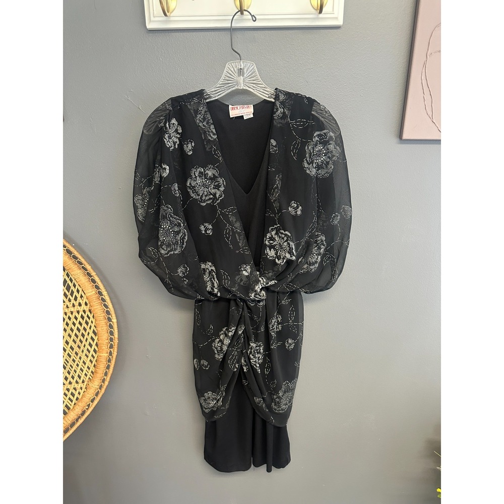 Vintage Wayne Diamond 90s Dress Womens Sz S Black Floral Avante Diamonds Run